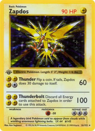 Zapdos 016 - 1st Edition Holofoil Base Set Shadowless - Holo Rare