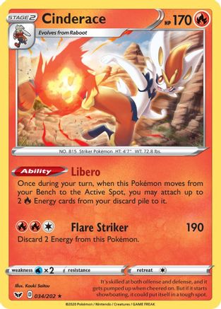 Cinderace (034) 034/202 - Holofoil SWSH01 Sword & Shield Base Set - Holo Rare