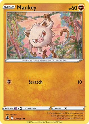 Mankey 133/264 - Reverse Holofoil SWSH08 Fusion Strike - Common