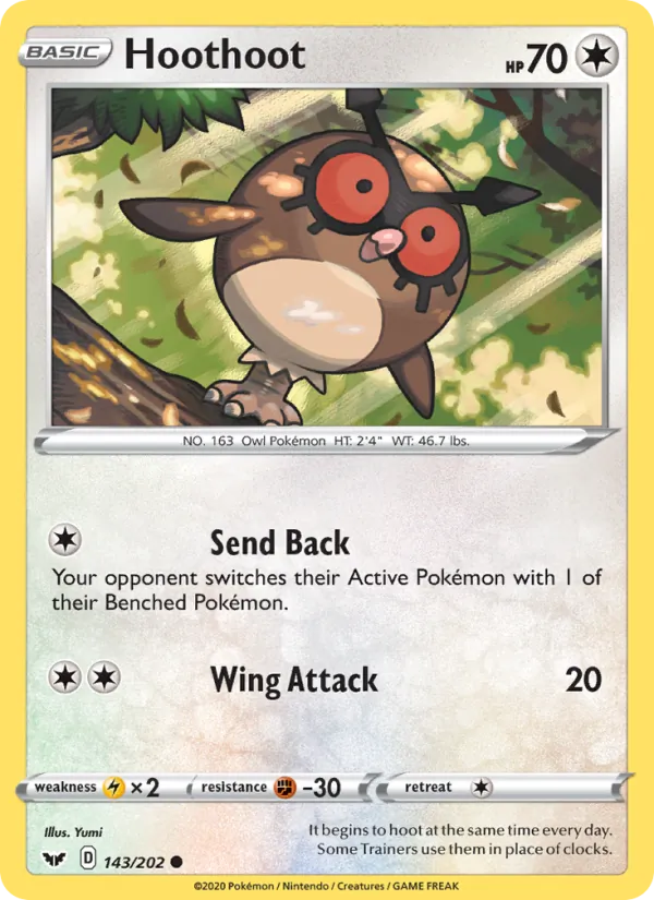 Hoothoot 143/202 - Reverse Holofoil SWSH01 Sword & Shield Base Set - Common