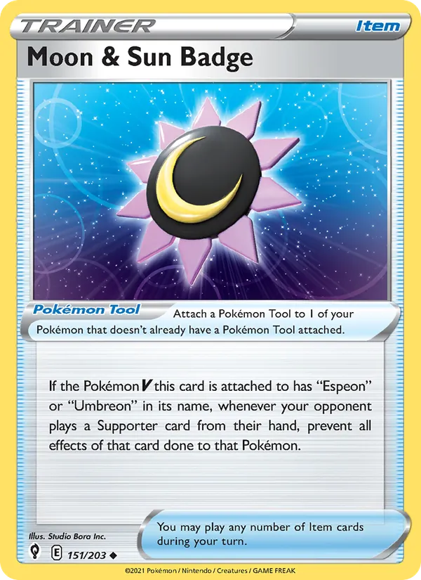 Moon & Sun Badge 151/203 - Reverse Holofoil SWSH07 Evolving Skies - Uncommon