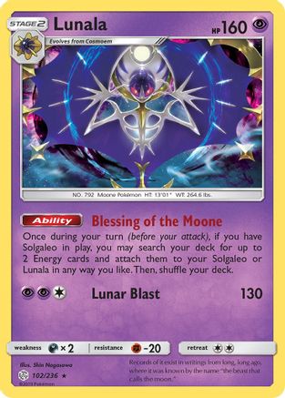 Lunala 102/236  - Reverse Holofoil SM  Cosmic Eclipse - Holo Rare