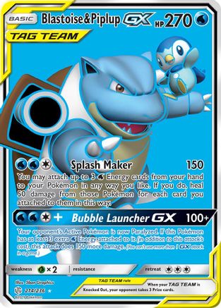 Blastoise & Piplup GX (Full Art) 214  - Holofoil SM  Cosmic Eclipse - Ultra Rare