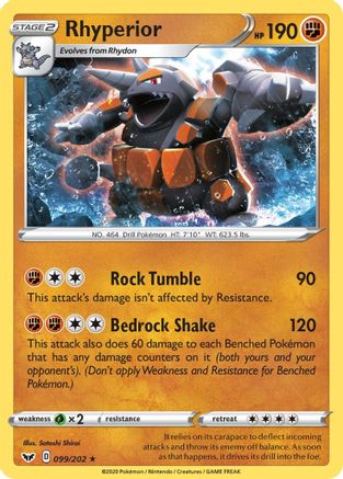 Rhyperior 099/202  - Holofoil SWSH01 Sword & Shield Base Set - Holo Rare