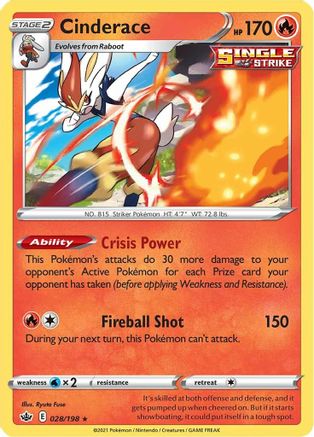 Cinderace 028/198  - Reverse Holofoil SWSH06 Chilling Reign - Holo Rare