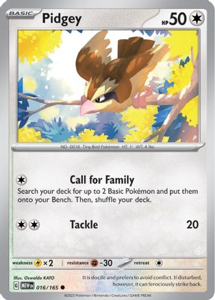 Pidgey 016/165  - Reverse Holofoil SV Scarlet & Violet 151 - Common