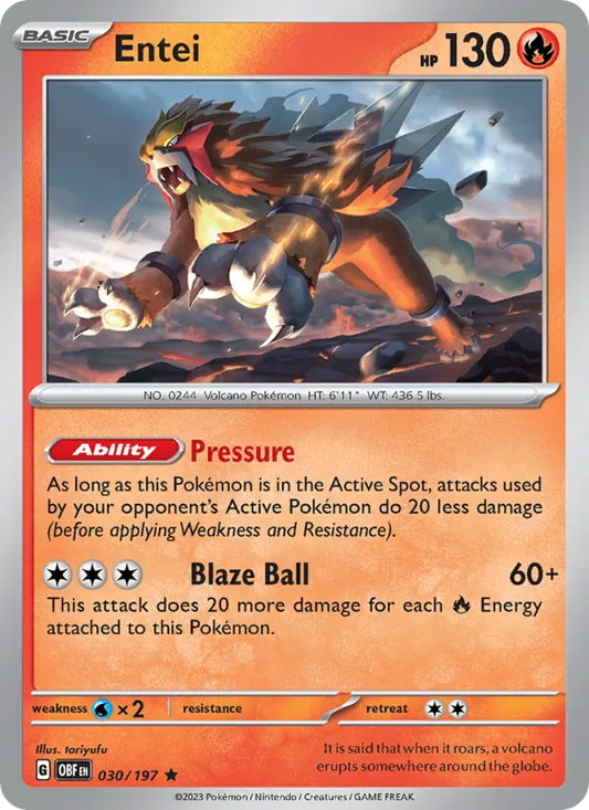 Entei 030/197  - Reverse Holofoil SV03 Obsidian Flames - Rare