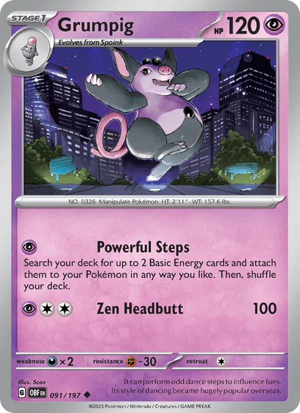 Grumpig 091/197  - Reverse Holofoil SV03 Obsidian Flames - Uncommon