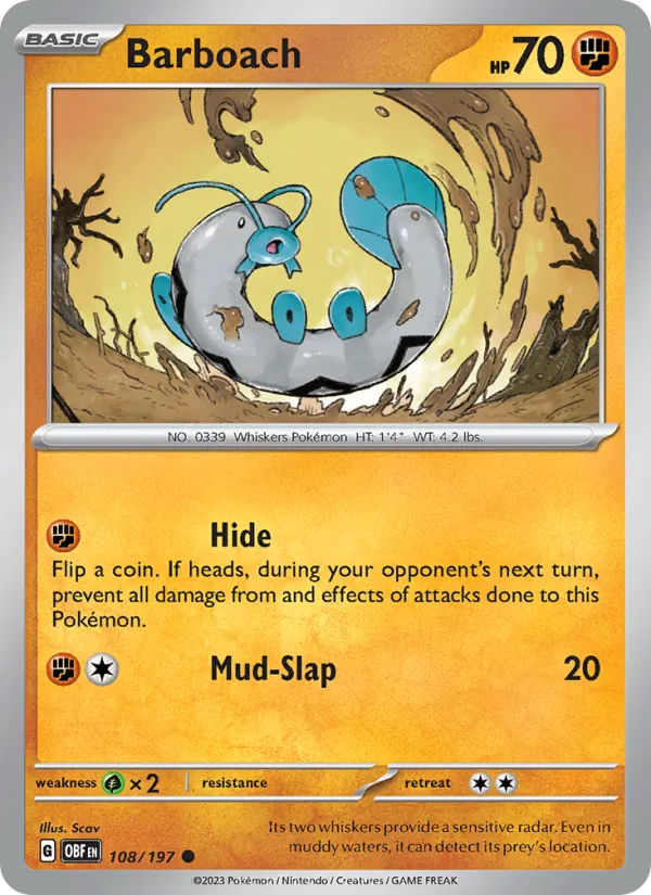 Barboach 108/197  - Reverse Holofoil SV03 Obsidian Flames - Common