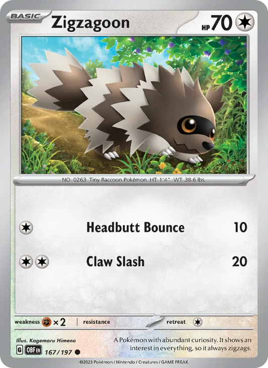 Zigzagoon 167/197  - Reverse Holofoil SV03 Obsidian Flames - Common