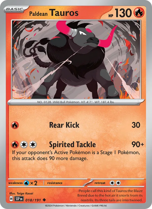 Paldean Tauros 018/191  - Reverse Holofoil SV08 Surging Sparks - Uncommon