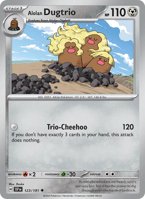 Alolan Dugtrio 123/191  - Reverse Holofoil SV08 Surging Sparks - Uncommon