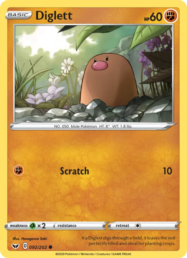 Diglett 92/202  - Reverse Holofoil SWSH01 Sword & Shield Base Set - Common