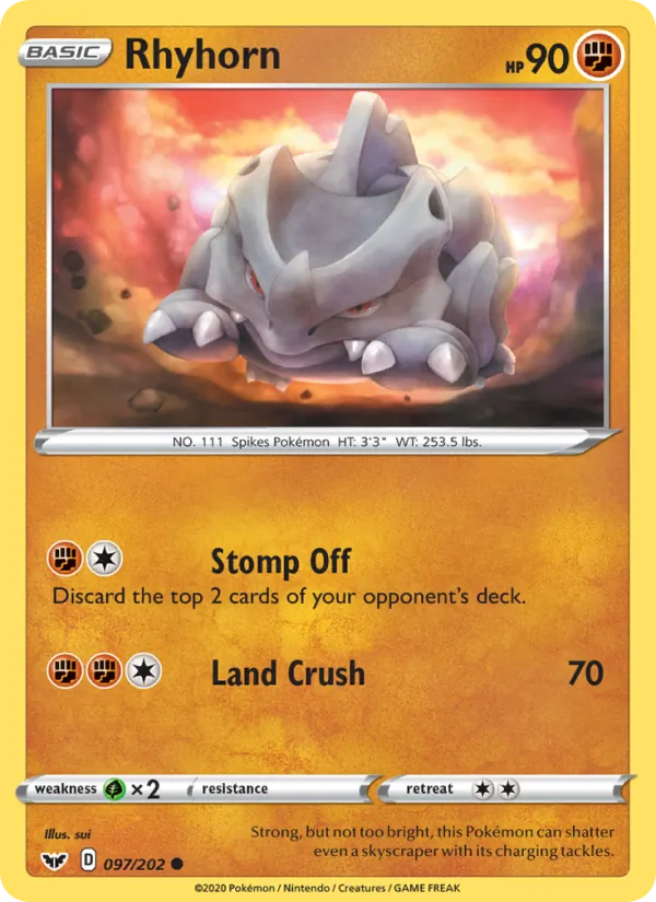 Rhyhorn 97/202  - Reverse Holofoil SWSH01 Sword & Shield Base Set - Common