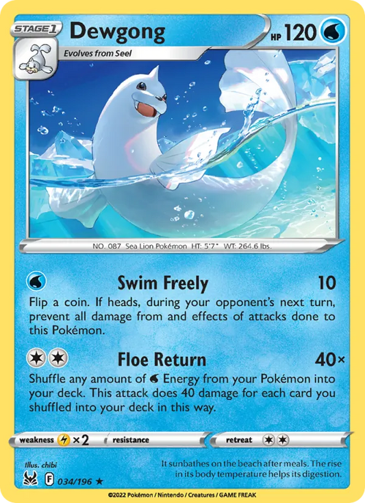 Dewgong 034/196  - Reverse Holofoil SWSH11 Lost Origin - Rare