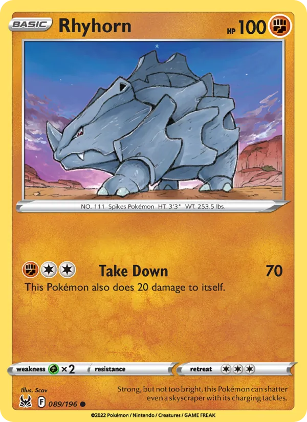 Rhyhorn 089/196  - Reverse Holofoil SWSH11 Lost Origin - Common
