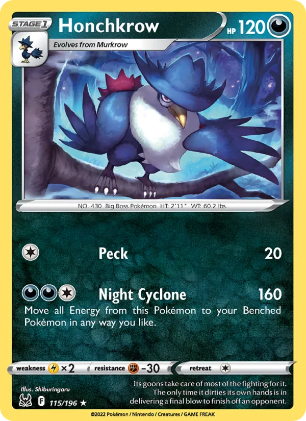 Honchkrow 115/196  - Reverse Holofoil SWSH11 Lost Origin - Rare