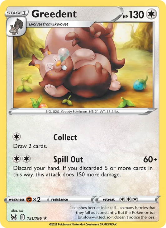 Greedent 151/196  - Reverse Holofoil SWSH11 Lost Origin - Rare