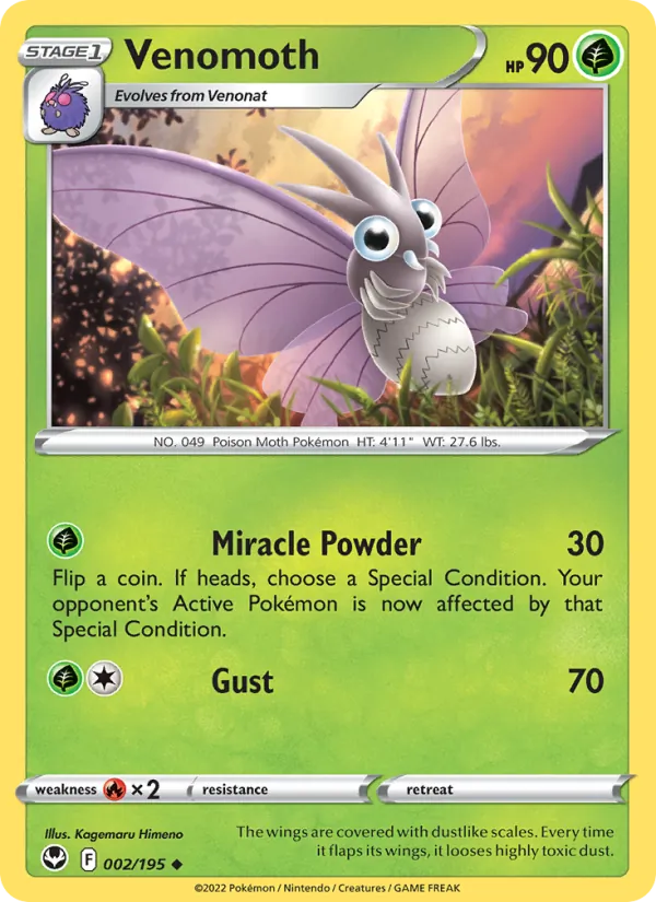 Venomoth 002/195  - Reverse Holofoil SWSH12 Silver Tempest - Uncommon
