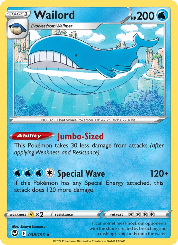 Wailord 038/195  - Reverse Holofoil SWSH12 Silver Tempest - Uncommon