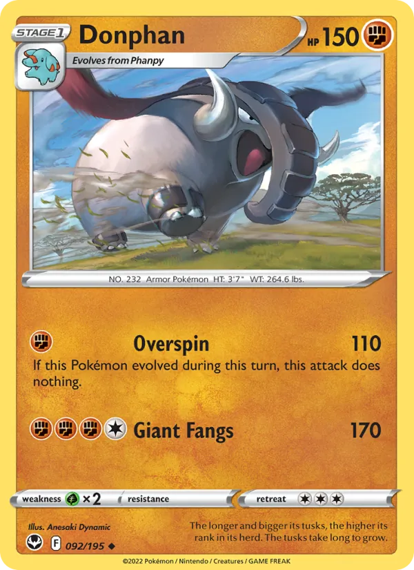 Donphan 092/195  - Reverse Holofoil SWSH12 Silver Tempest - Uncommon