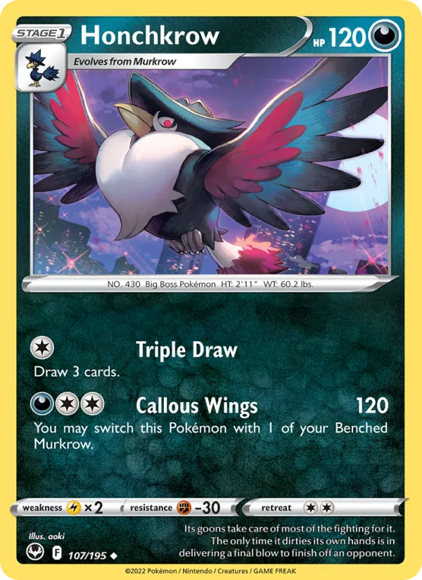 Honchkrow 107/195  - Reverse Holofoil SWSH12 Silver Tempest - Uncommon