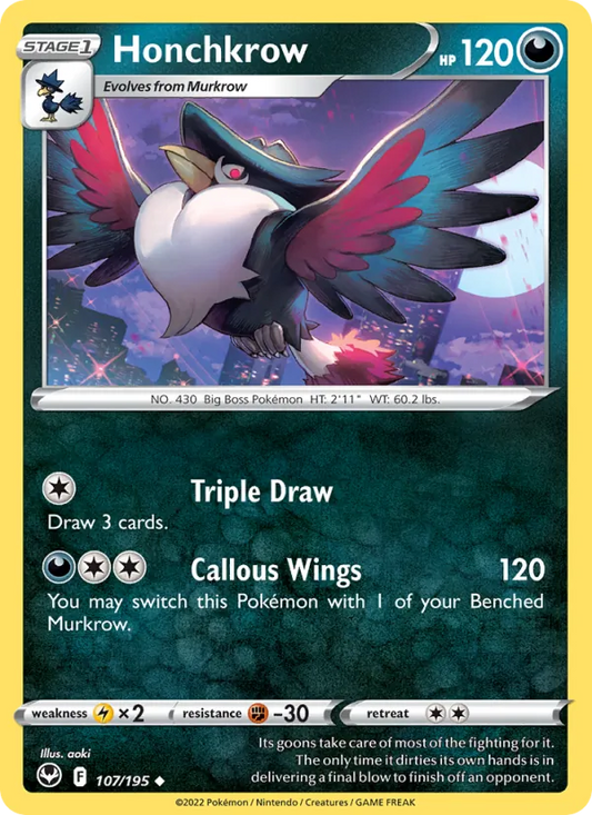 Honchkrow 107/195  - Reverse Holofoil SWSH12 Silver Tempest - Uncommon