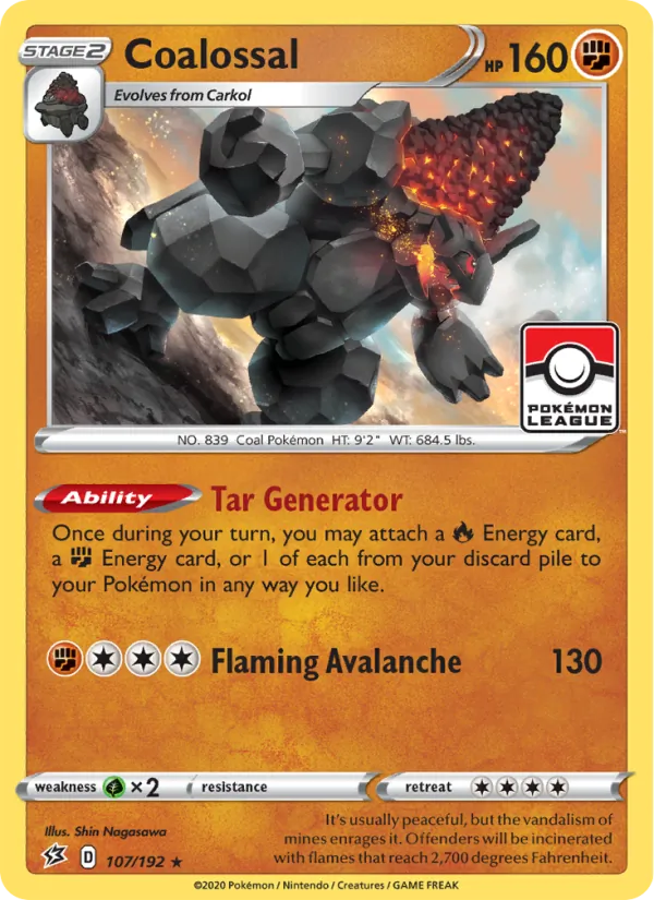 Coalossal 107/192  - Reverse Holofoil SWSH02 Rebel Clash - Holo Rare