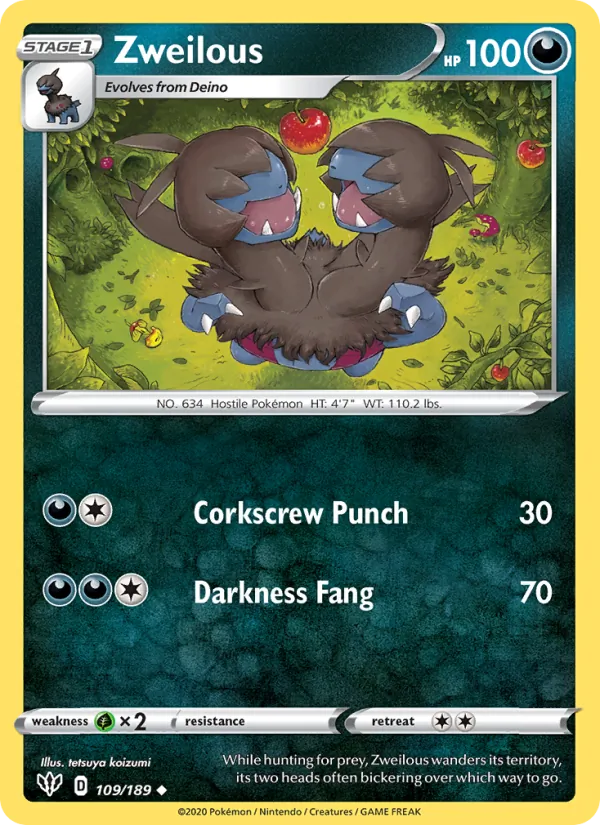 Zweilous 109/189  - Reverse Holofoil SWSH03 Darkness Ablaze - Uncommon