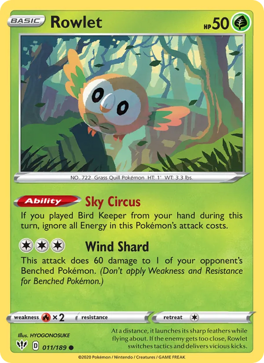 Rowlet 11/189  - Reverse Holofoil SWSH03 Darkness Ablaze - Common