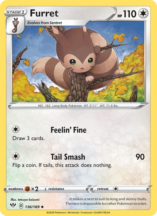 Furret 136/189  - Reverse Holofoil SWSH03 Darkness Ablaze - Uncommon