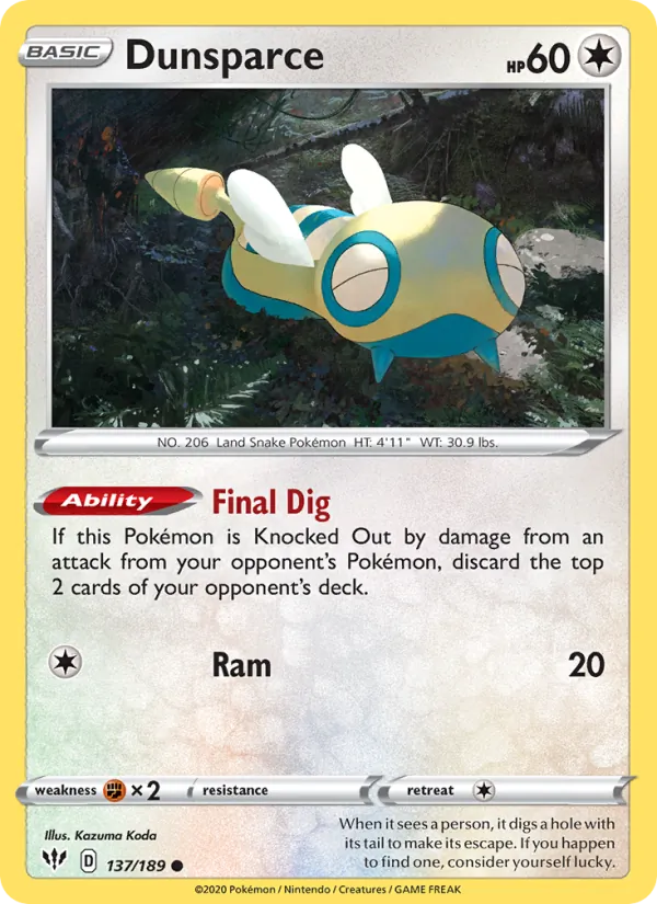 Dunsparce 137/189  - Reverse Holofoil SWSH03 Darkness Ablaze - Common