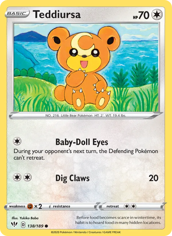 Teddiursa 138/189  - Reverse Holofoil SWSH03 Darkness Ablaze - Common