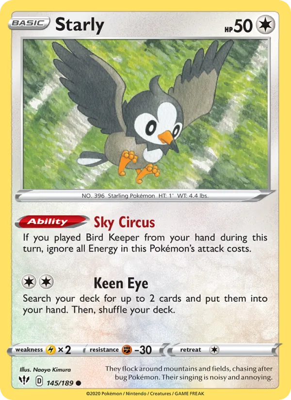 Starly 145/189  - Reverse Holofoil SWSH03 Darkness Ablaze - Common