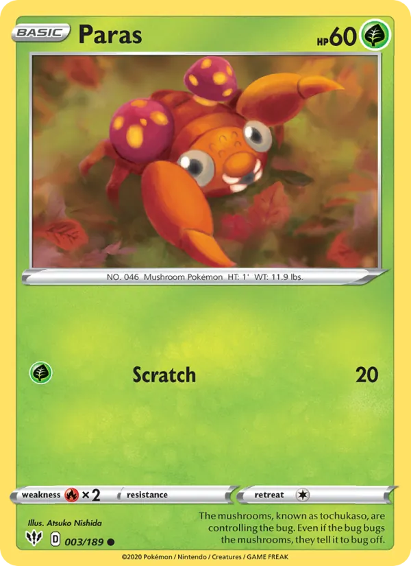 Paras 3/189  - Reverse Holofoil SWSH03 Darkness Ablaze - Common