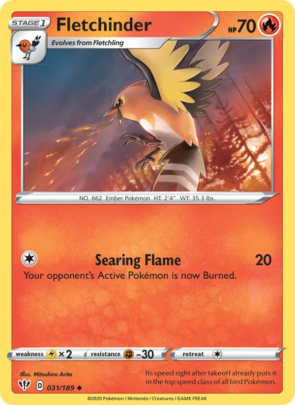 Fletchinder 31/189  - Reverse Holofoil SWSH03 Darkness Ablaze - Uncommon