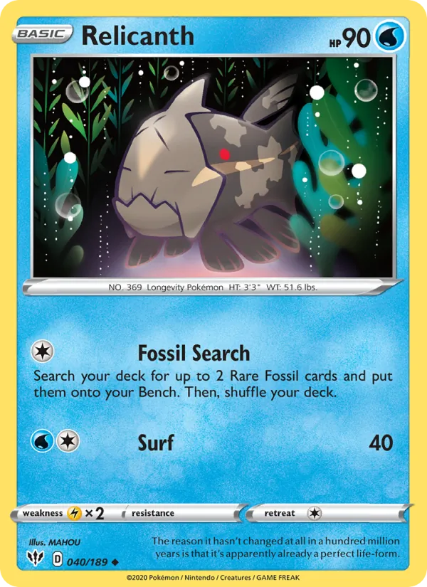 Relicanth 40/189  - Reverse Holofoil SWSH03 Darkness Ablaze - Uncommon
