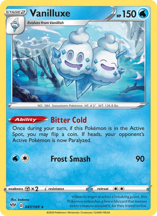 Vanilluxe 47/189  - Reverse Holofoil SWSH03 Darkness Ablaze - Rare