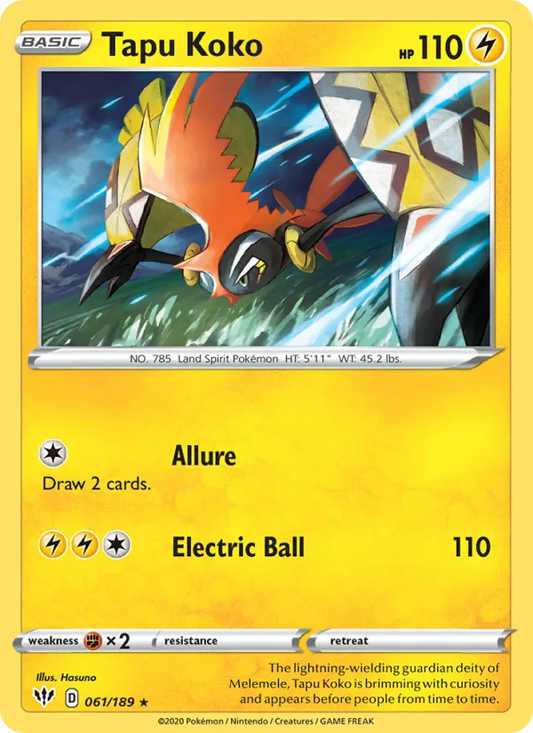 Tapu Koko 61/189  - Holofoil SWSH03 Darkness Ablaze - Holo Rare