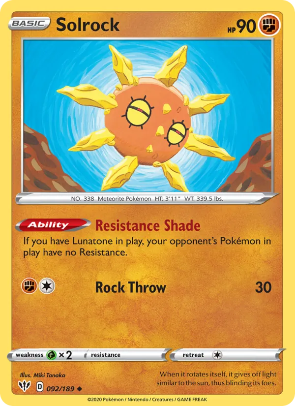 Solrock 92/189  - Reverse Holofoil SWSH03 Darkness Ablaze - Uncommon