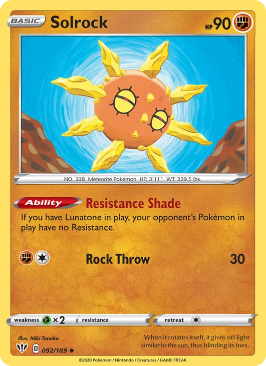 Solrock 92/189  - Reverse Holofoil SWSH03 Darkness Ablaze - Uncommon