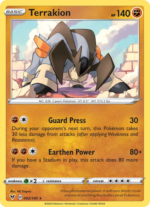 Terrakion 92/185  - Reverse Holofoil SWSH04 Vivid Voltage - Rare