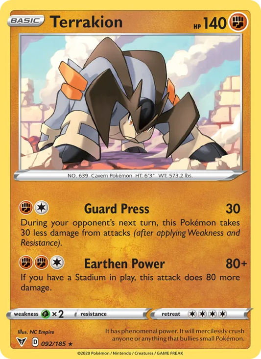 Terrakion 92/185  - Reverse Holofoil SWSH04 Vivid Voltage - Rare