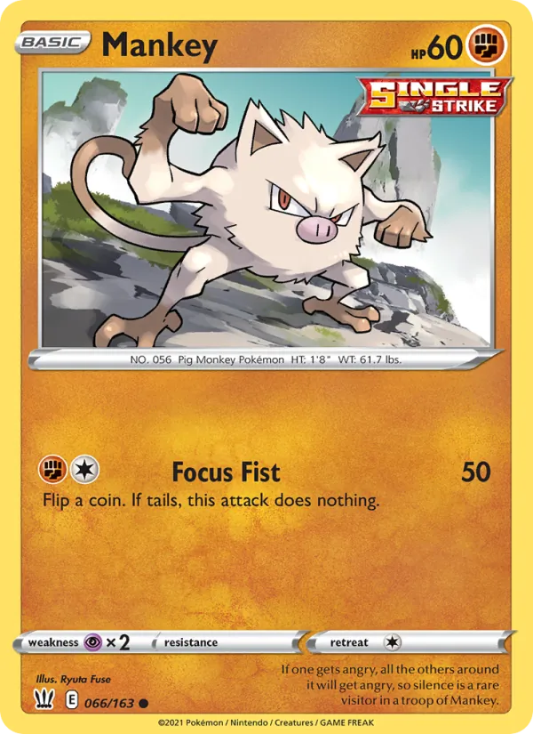 Mankey 66/163  - Reverse Holofoil SWSH05 Battle Styles - Common
