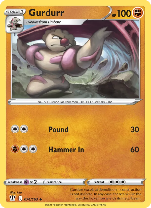 Gurdurr 74/163  - Reverse Holofoil SWSH05 Battle Styles - Uncommon