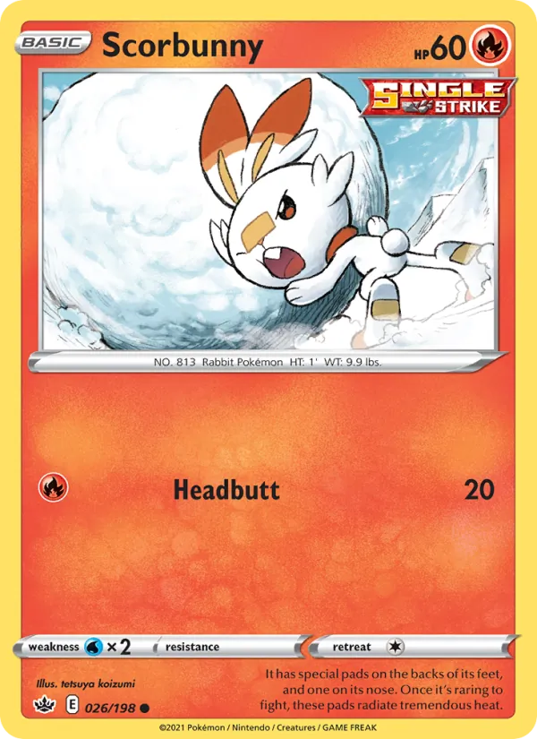 Scorbunny 26/198  - Reverse Holofoil SWSH06 Chilling Reign - Common