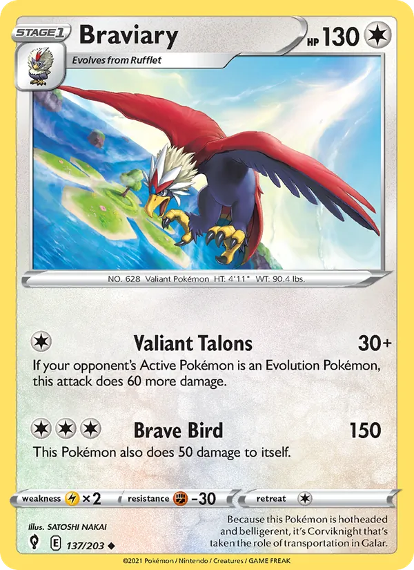 Braviary 137/203  - Reverse Holofoil SWSH07 Evolving Skies - Uncommon