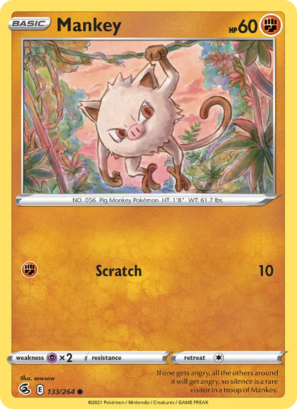 Mankey 133/264  - Reverse Holofoil SWSH08 Fusion Strike - Common