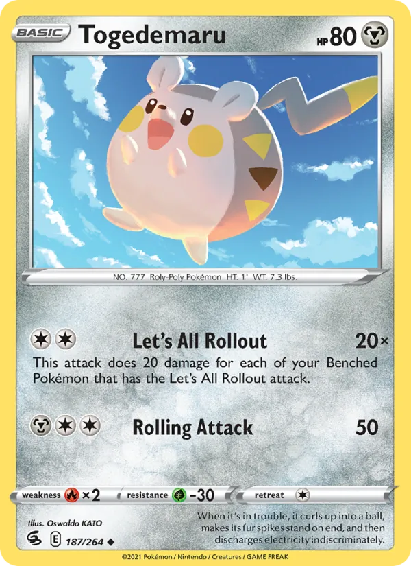 Togedemaru 187/264  - Reverse Holofoil SWSH08 Fusion Strike - Uncommon