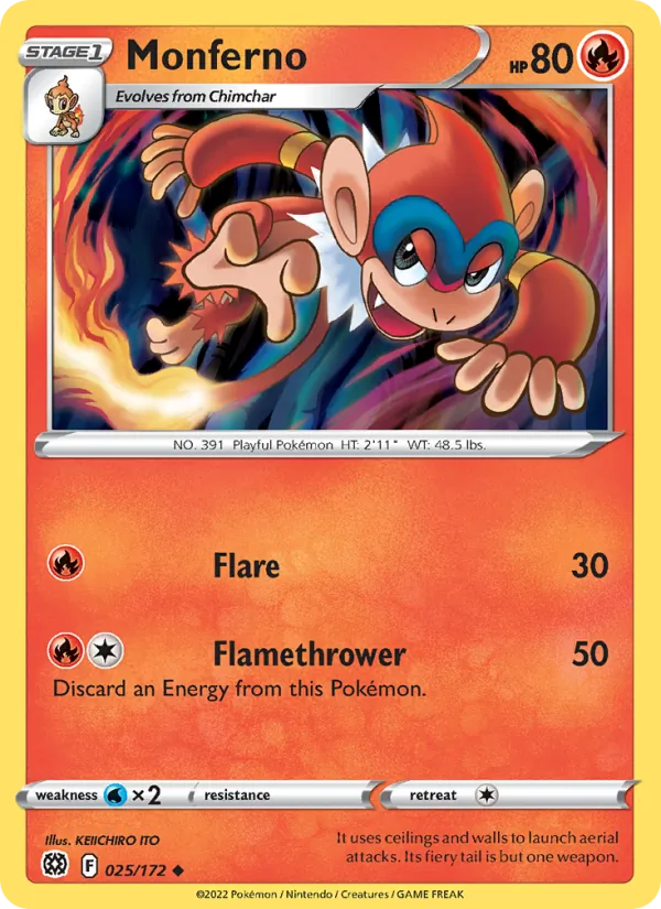 Monferno 025/172  - Reverse Holofoil SWSH09 Brilliant Stars - Uncommon